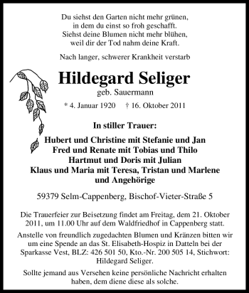 Traueranzeige von Hildegard Seliger von Tageszeitung