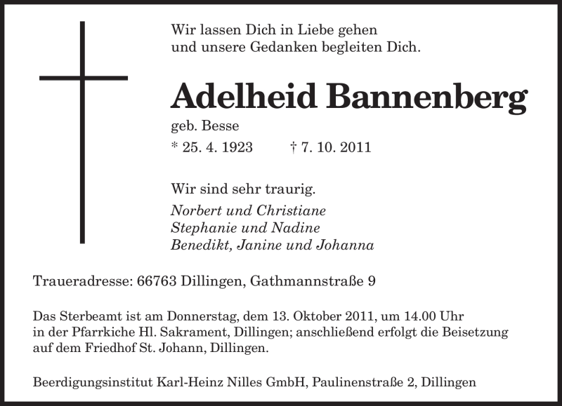  Traueranzeige für Adelheid Bannenberg vom 11.10.2011 aus Tageszeitung