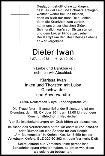 Traueranzeige von Dieter Iwan von Tageszeitung