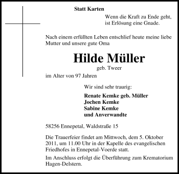 Traueranzeige von Hilde Müller von Tageszeitung