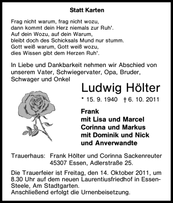 Traueranzeige von Ludwig Hölter von Tageszeitung