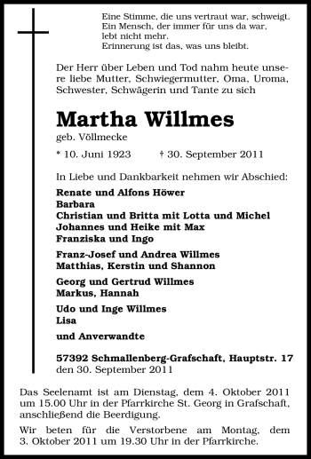 Traueranzeige von Martha Willmes von Tageszeitung