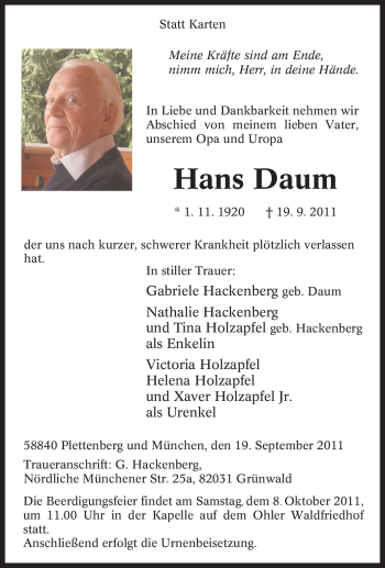 Traueranzeige von Hans Daum von Tageszeitung