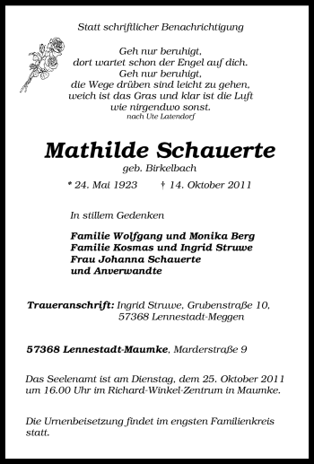 Traueranzeige von Mathilde Schauerte von Tageszeitung
