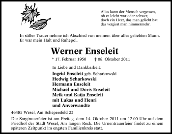 Traueranzeige von Werner Enseleit von Tageszeitung