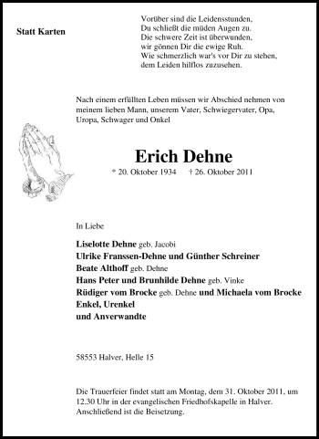 Traueranzeige von Erich Dehne von Tageszeitung