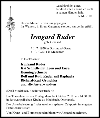 Traueranzeige von Irmgard Ruder von Tageszeitung