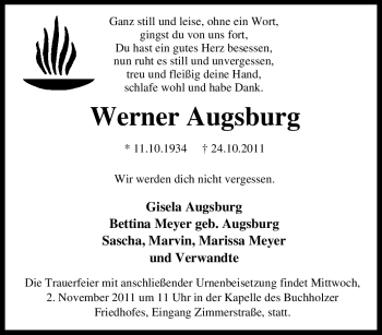 Traueranzeige von Werner Augsburg von Tageszeitung