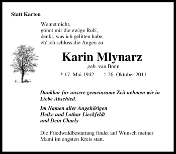 Traueranzeige von Karin Mlynarz von Tageszeitung