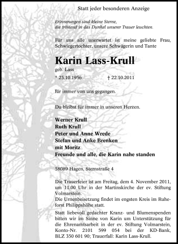Traueranzeige von Karin Lass-Krull von Tageszeitung