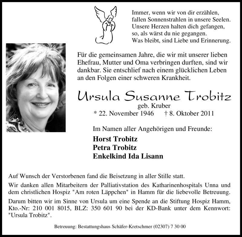  Traueranzeige für Ursula Susanne Trobitz vom 14.10.2011 aus Tageszeitung