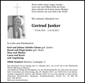 Traueranzeige von Gertrud Junker von Tageszeitung