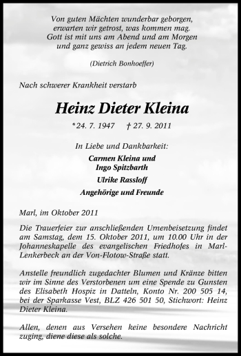 Traueranzeige von Heinz Dieter Kleina von Tageszeitung