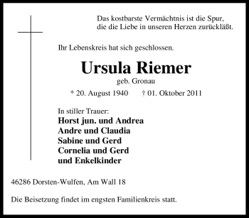 Traueranzeige von Ursula Riemer von Tageszeitung