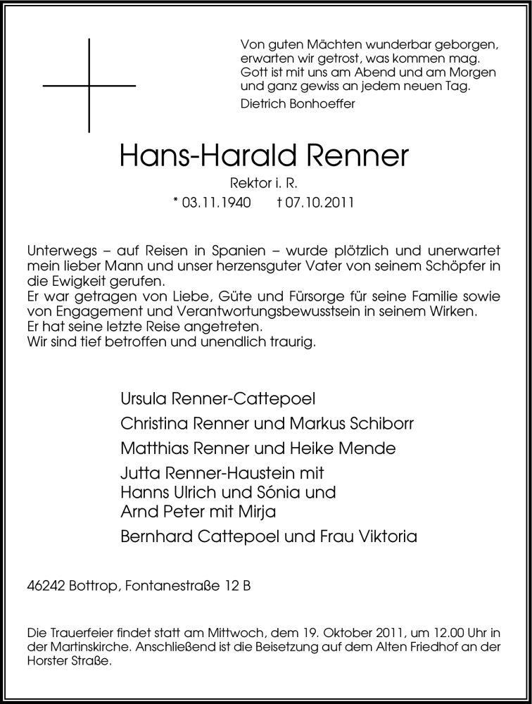  Traueranzeige für Hans-Harald Renner vom 15.10.2011 aus Tageszeitung
