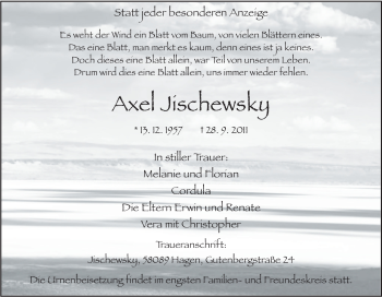 Traueranzeige von Axel Jischewsky von Tageszeitung