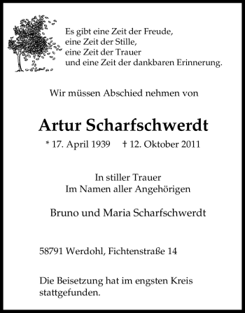 Traueranzeige von Artur Scharfschwerdt von Tageszeitung