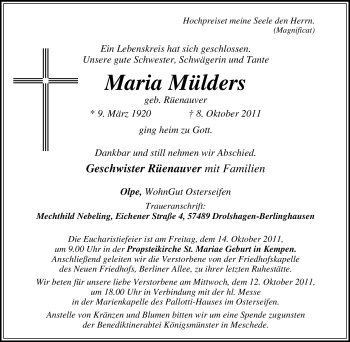 Traueranzeige von Maria Mülders von Tageszeitung