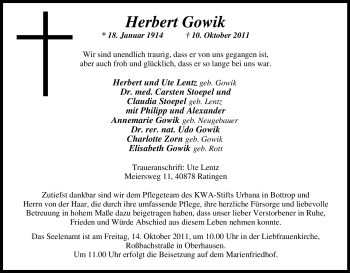 Traueranzeige von Herbert Gowik von Tageszeitung