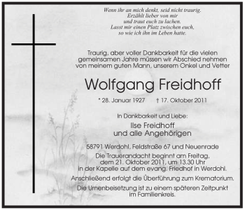 Traueranzeige von Wolfgang Freidhoff von Tageszeitung