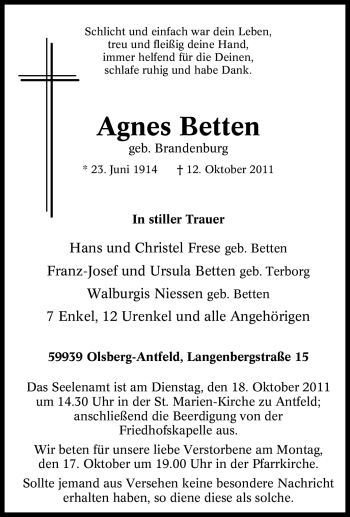 Traueranzeige von Agnes Betten von Tageszeitung