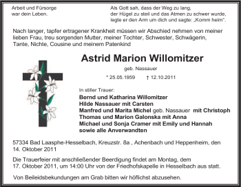 Traueranzeige von Astrid Marion Willomitzer von Tageszeitung
