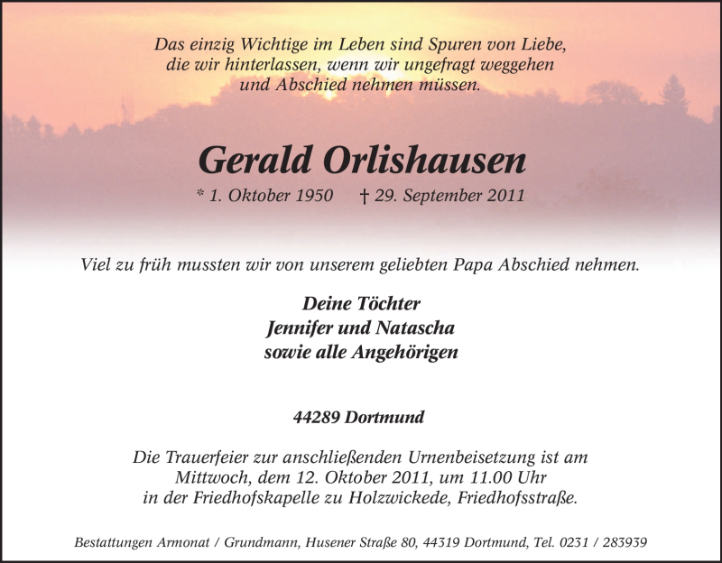 Traueranzeige für Gerald Orlishausen vom 08.10.2011 aus Tageszeitung