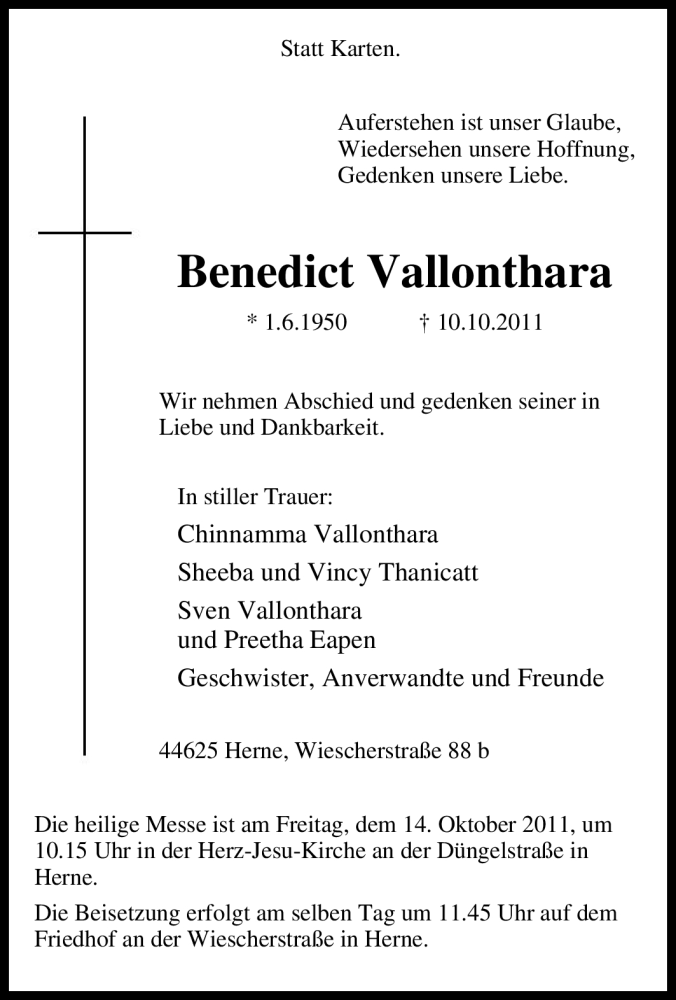  Traueranzeige für Benedict Vallonthara vom 12.10.2011 aus Tageszeitung