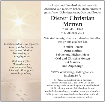 Traueranzeige von Dieter Christian Merten von Tageszeitung