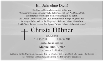 Traueranzeige von Christa Hübner von Tageszeitung