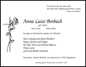 Traueranzeige von Anna Luise Borbach von Tageszeitung