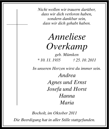 Traueranzeige von Anneliese Overkamp von Tageszeitung