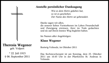 Traueranzeige von Theresia Wegener von Tageszeitung