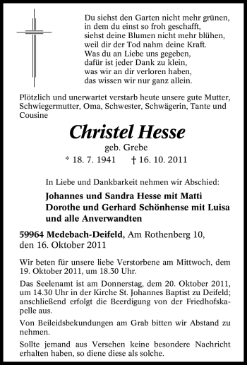 Traueranzeige von Christel Hesse von Tageszeitung