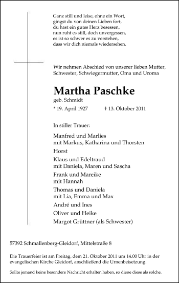 Traueranzeige von Martha Paschke von Tageszeitung