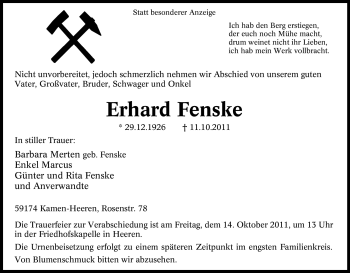 Traueranzeige von Erhard Fenske von Tageszeitung