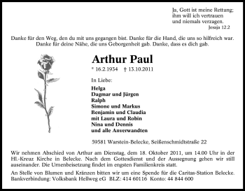 Traueranzeige von Arthur Paul von Tageszeitung
