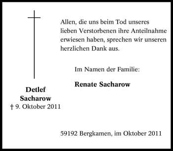 Traueranzeige von Detlef Sacharow von Tageszeitung