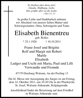 Traueranzeige von Elisabeth Bienentreu von Tageszeitung