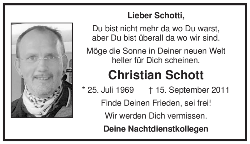  Traueranzeige für Christian Schott vom 01.10.2011 aus Tageszeitung