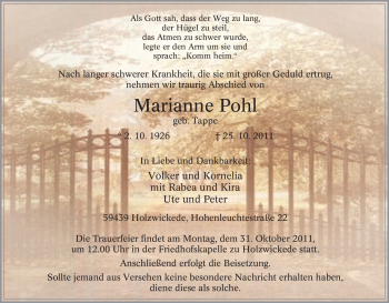 Traueranzeige von Marianne Pohl von Tageszeitung