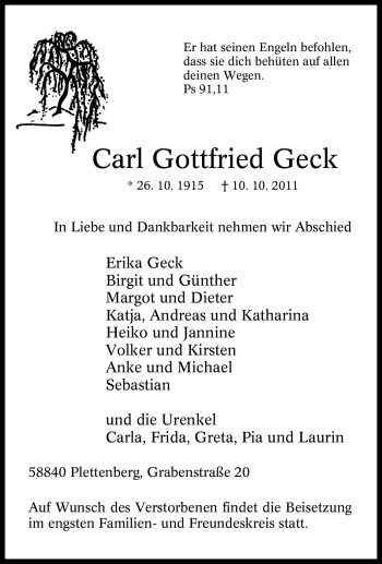 Traueranzeige von Carl Gottfried Geck von Tageszeitung