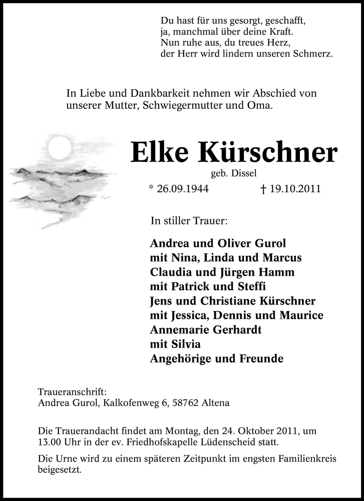 Traueranzeigen von Elke Kürschner TrauerinNRW.de