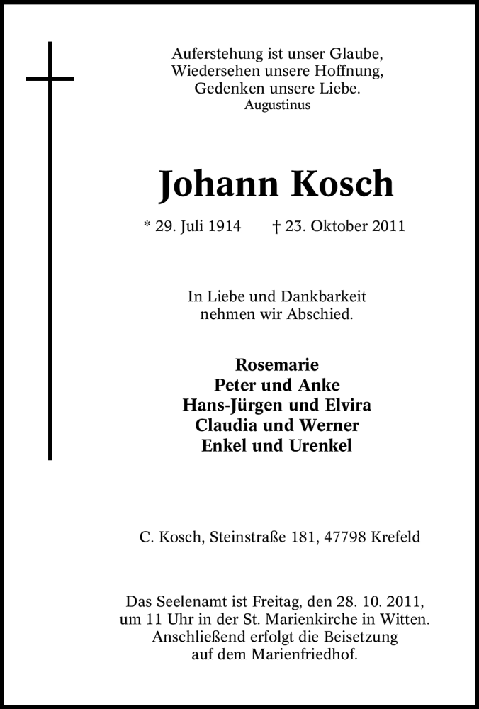  Traueranzeige für Johann Kosch vom 25.10.2011 aus Tageszeitung