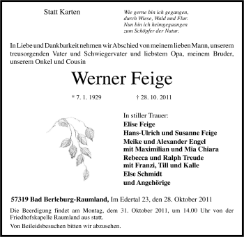 Traueranzeige von Werner Feige von Tageszeitung