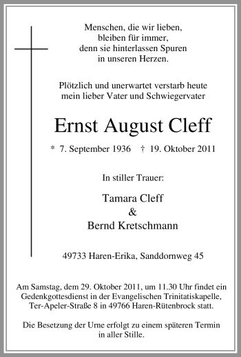 Traueranzeige von Ernst August Cleff von Tageszeitung