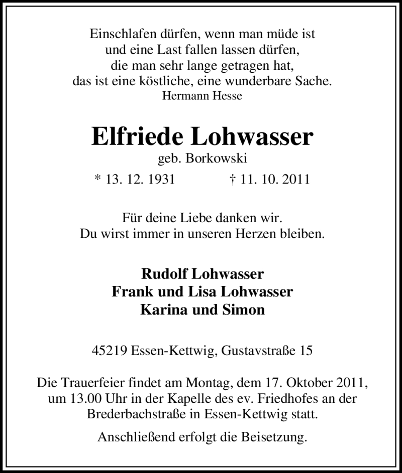  Traueranzeige für Elfriede Lohwasser vom 14.10.2011 aus Tageszeitung