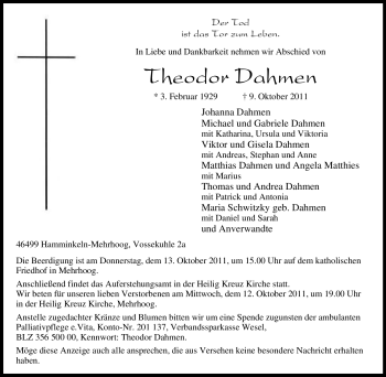 Traueranzeige von Theodor Dahmen von Tageszeitung