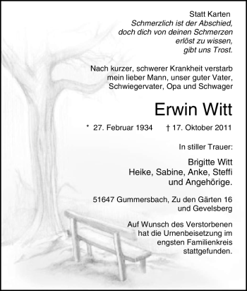 Traueranzeige von Erwin Witt von Tageszeitung