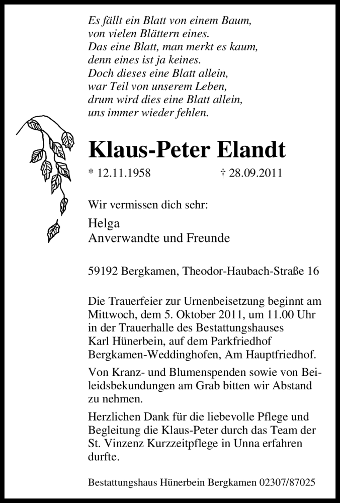  Traueranzeige für Klaus-Peter Elandt vom 01.10.2011 aus Tageszeitung